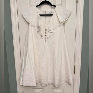 Miou Muse Anthropologie Ruffle V Neck Sleeveless Shift Dress W/Pockets Ivory